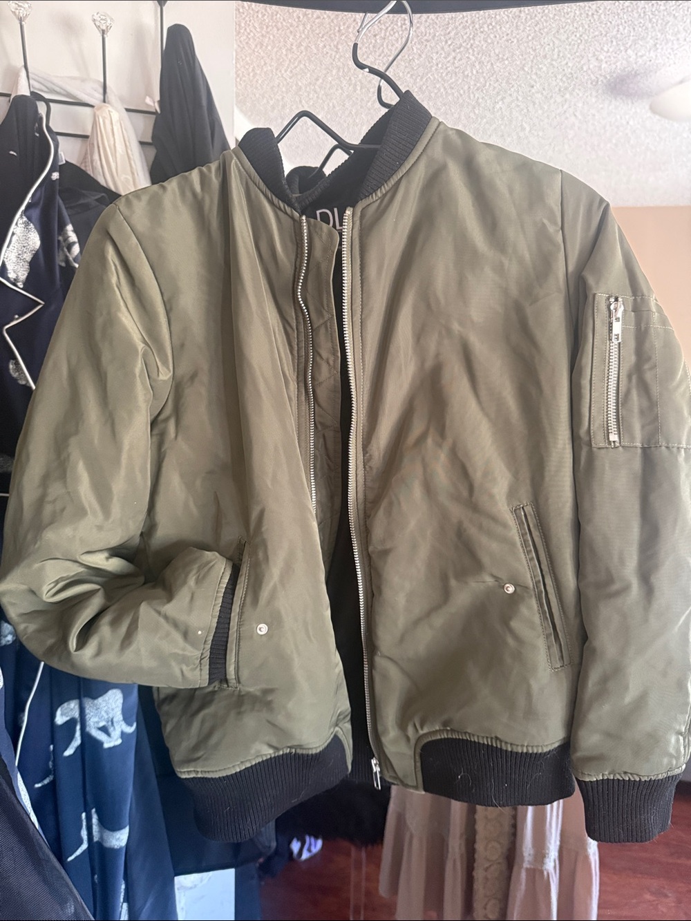 Olive Green Bomber Jacket with Ribbed Trims